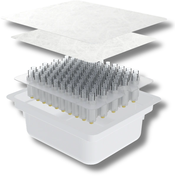 Exploded view of a KAISHA Pharma cartridge nest and tub assembly: Tyvek lid, secondary sheet, cartridge nest and tub.