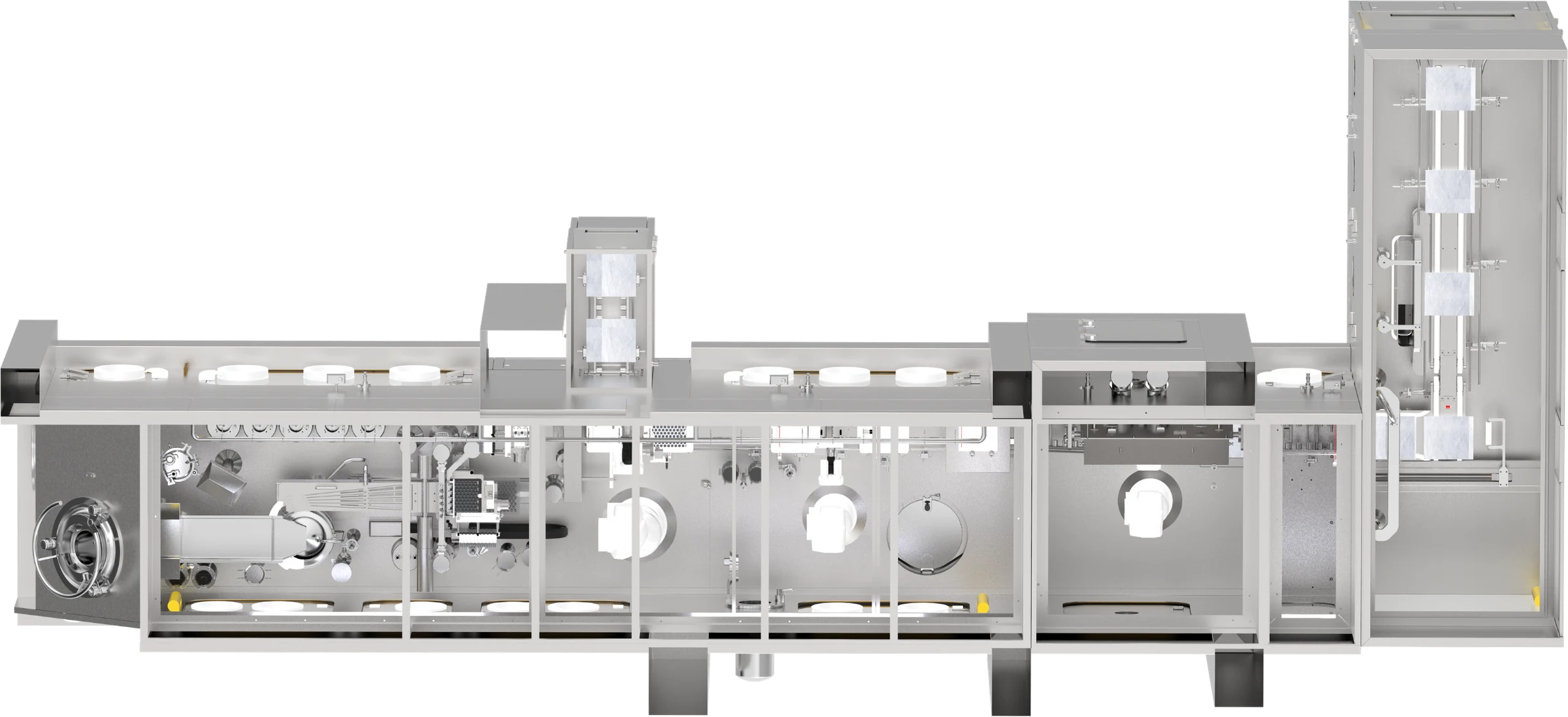 KAISHA Pharma aseptic filling line: transfer, de-bagging, automated handling, aseptic filling and stoppering.