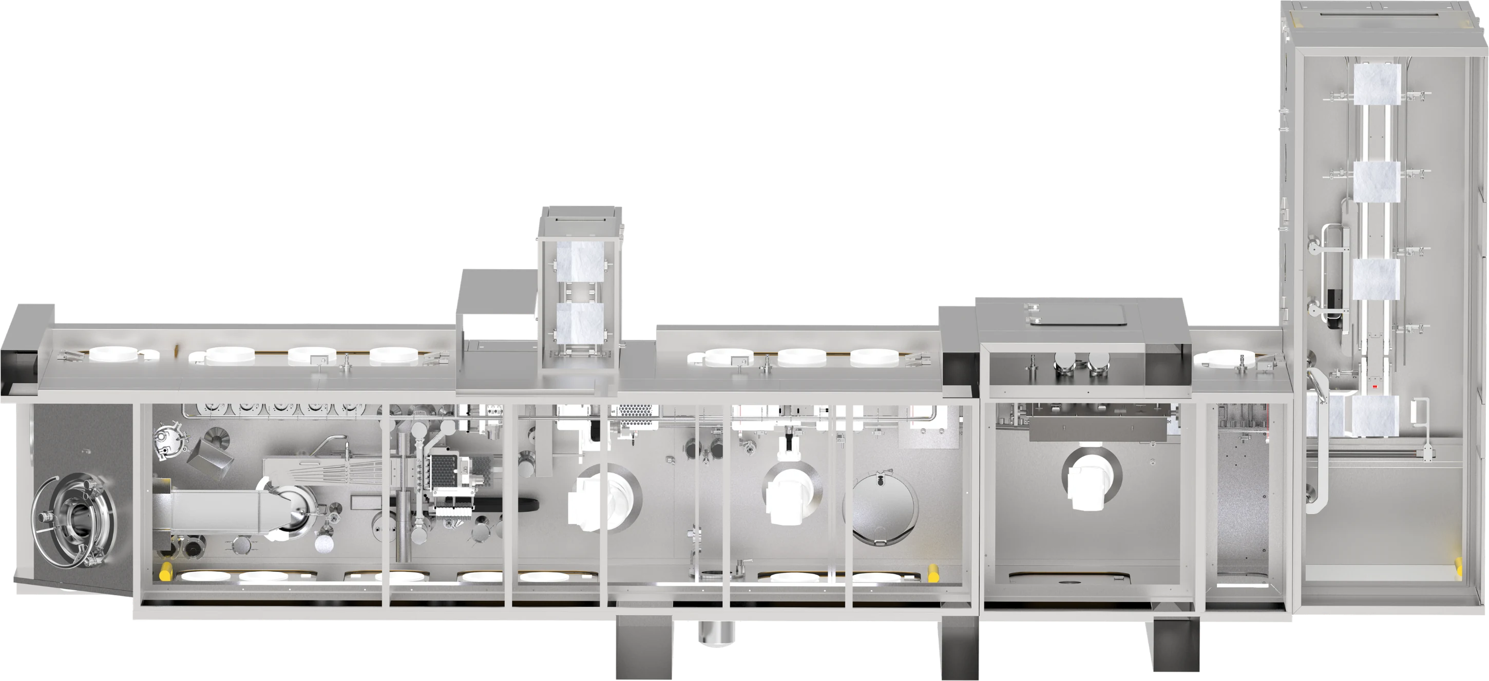 KAISHA Pharma aseptic filling line: transfer, de-bagging, automated handling, aseptic filling and stoppering.