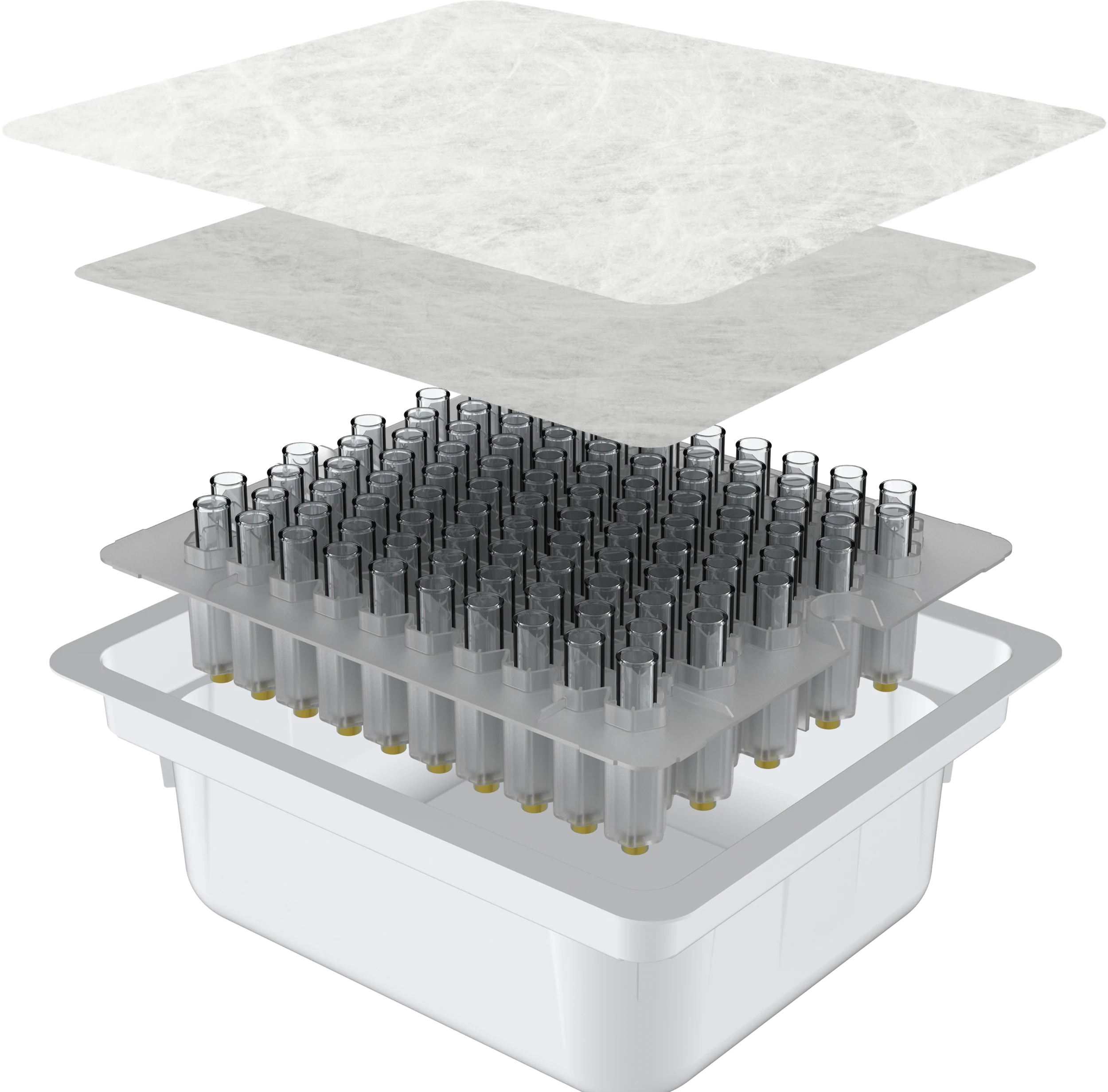 Exploded view of a KAISHA Pharma sterile cartridge nest and tub assembly: Tyvek lid, secondary sheet, cartridge nest and tub.