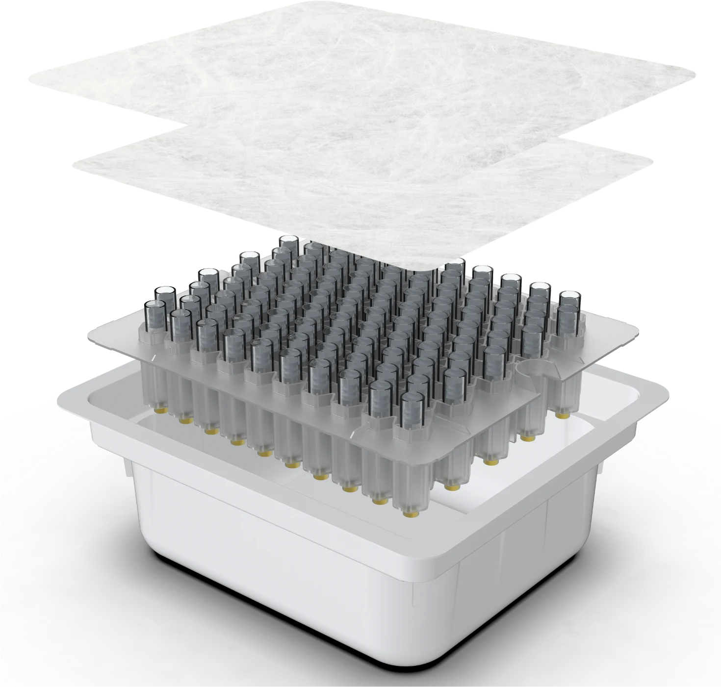 KAISHA Pharma sterile cartridge nest and tub, shown exploded: Tyvek lid, secondary sheet, cartridge nest and tub.