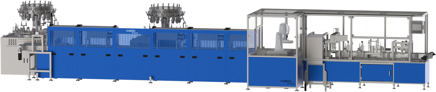 KAISHA Pharma prefilled syringe manufacturing line — forming, thermal treatment, defect detection, treatment-specific controls, functional checks, release inspection and packaging