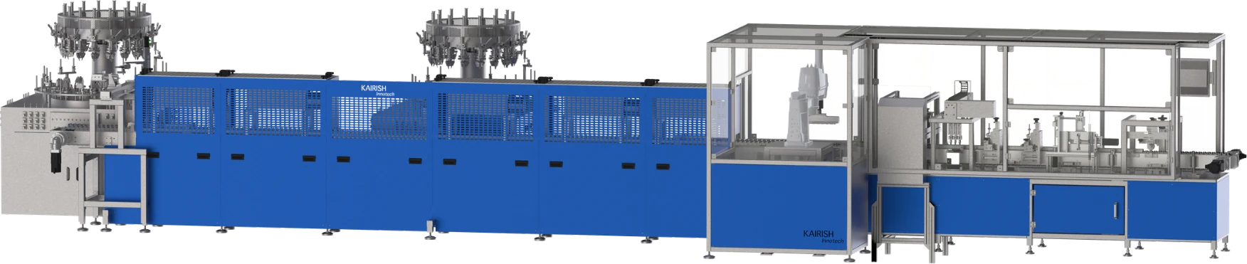 KAISHA Pharma vial manufacturing line — forming, annealing, inspection, surface treatment, finishing, final inspection and packaging