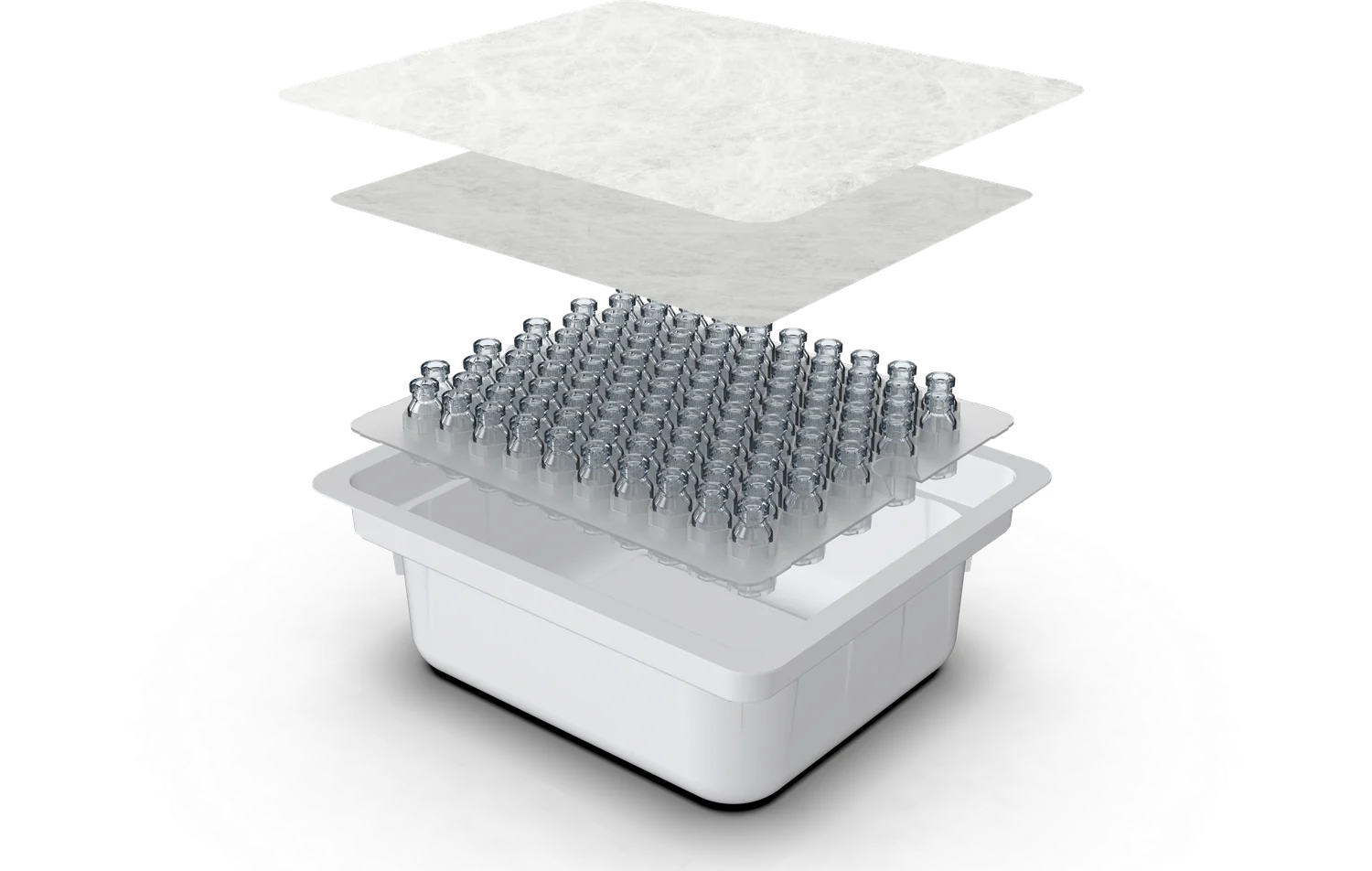 Exploded view of a KAISHA Pharma vial nest and tub assembly: Tyvek lid, secondary sheet, vial nest and tub.